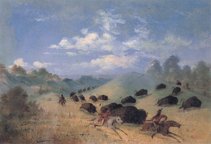 Comanche Indians Chasing Buffalo with Lances and Bows